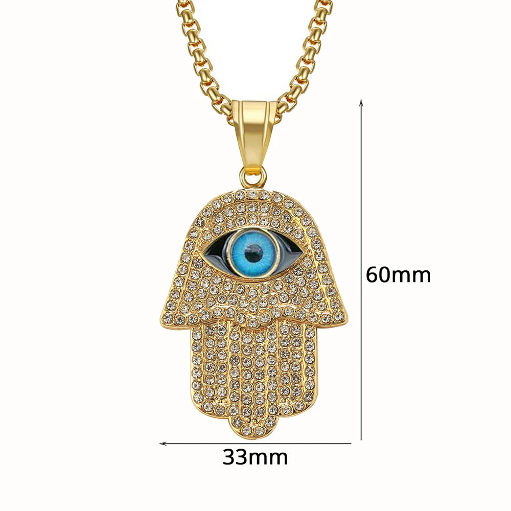Collana con ciondolo turco malocchio Hamsa mano di Fatima Collana con ciondolo in acciaio inossidabile color oro con catena ghiacciata Gioielli Hip Hop per donna/uomo