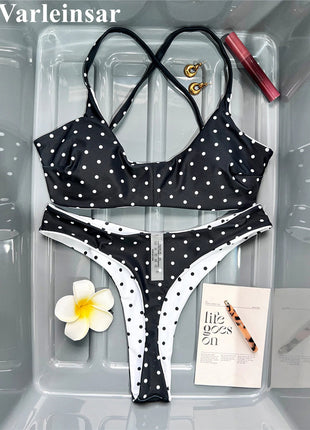 XS - L Nuovo Bikini Micro Thong a Pois da Donna, Costume da Bagno Due Pezzi, Set Bikini V7854 PlatiNum