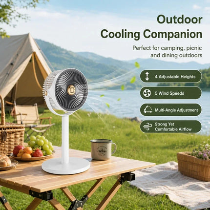 Ventilatore a piantana moderno 2-in-1 con circolazione d'aria, 5 velocità, 4 altezze, silenzioso, portatile, USB-C per casa, camera da letto, ufficio, camper, campeggio