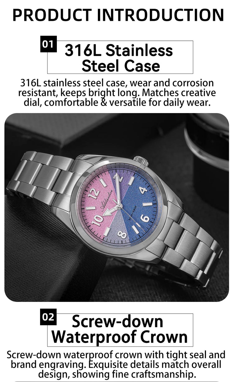 ADDIESDIVE Watch Men 2026 New 36mm Quartz Wristwatch AD2555 Sapphire 100m Waterproof BGW9 Luminous 316L Stainless Steel Watches