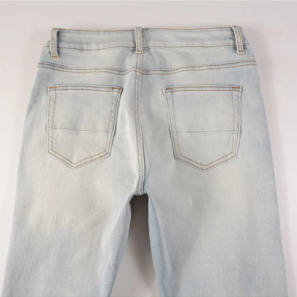 Men Pale Light Blue Biker Jeans Cracked Pleated Patch Patchwork Stretch Denim Pants Streetwear Holes Ripped Skinny Trousers PlatiNum