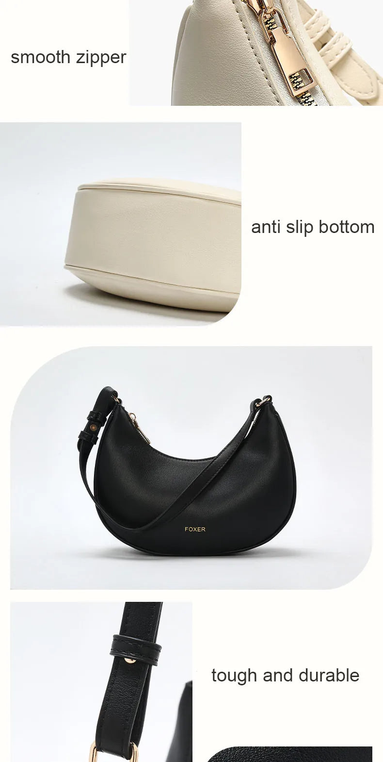 FOXER Brand Women's Shoulder Bag Soft PU Leather Female Handbag Simple Daliy Half-moon Bag Large Capacity Purse New Year Gift