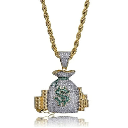 Hip Hop Ice Out Dollar Money Bag Necklace Shiny Cubic Zirconia Wallet Pendant for Men Women Hip Hop Rock Rap Cool Jewelry PlatiNum