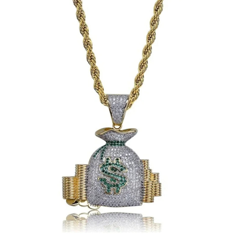Hip Hop Ice Out Dollar Money Bag Necklace Shiny Cubic Zirconia Wallet Pendant for Men Women Hip Hop Rock Rap Cool Jewelry PlatiNum