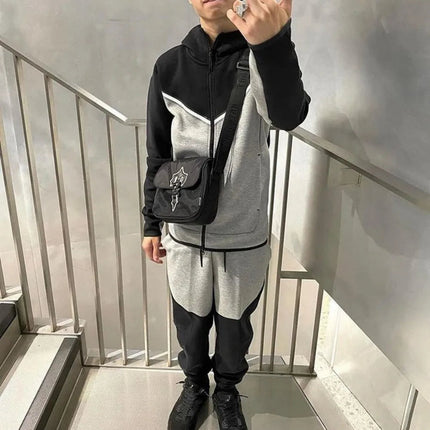 Spring and Autumn New Men's Set Western Style Outdoor Sports Casual Men's Clothing Long Sleeve Hooded Jacket Pants Suit PlatiNum