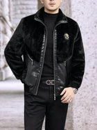 Winter Stand-Up Collar Men's Fashionable Casual Warm Faux Mink Fur Spliced Pu Leather Jacket