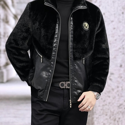 Winter Stand-Up Collar Men's Fashionable Casual Warm Faux Mink Fur Spliced Pu Leather Jacket