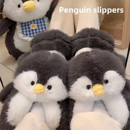 Cute Penguin Plush Slippers，Winter Warm Full-Coverage Home Slippers，Cartoon Animal-Themed, Non-Slip, Thick-Soled Women's Indoor