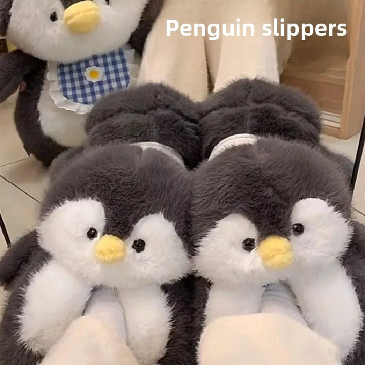 Cute Penguin Plush Slippers，Winter Warm Full-Coverage Home Slippers，Cartoon Animal-Themed, Non-Slip, Thick-Soled Women's Indoor
