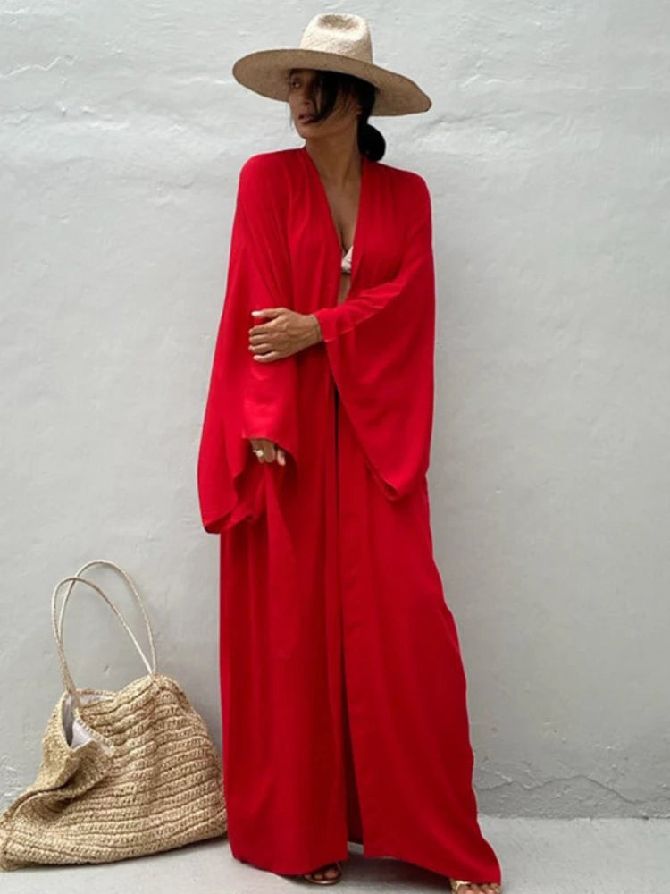 Solid Beach Cover Up Women Self Belted Wrap Kimono Dress Costume da bagno 2025 New Robe Summer Beachwear Fornitura in fabbrica platinumshop