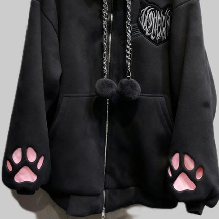 Cute Cat Ear Velvet Hoodies Women Cat Claw Long Sleeve Coat Black Harajuku Y2k 2000s Punk Rock Goth Sweetheart Women Jackets