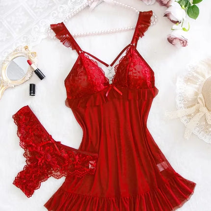 Set di 2 Pezzi Camicia da Notte Verde Scuro per Donna, Lingerie Sexy in Rete Trasparente con Slip, Pizzo e Spalline Sottili