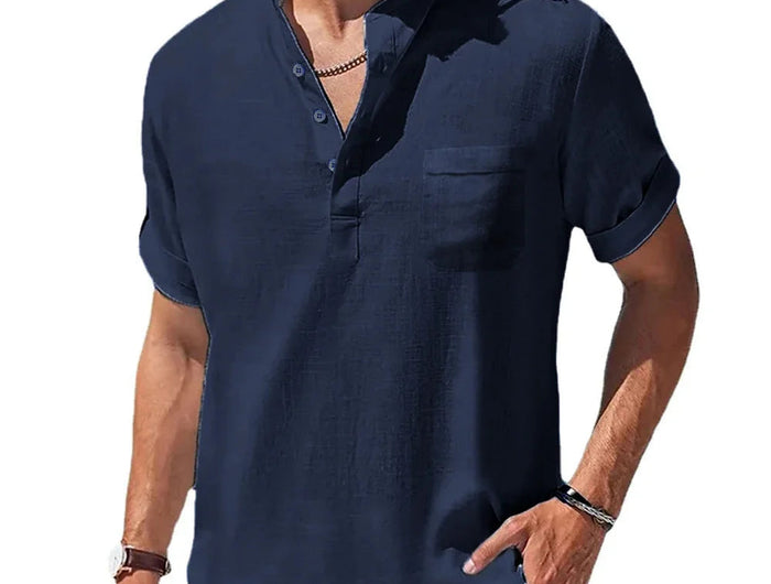 Summer New Men's Cotton and Linen Shirts Short-Sleeved T-shirt Henry Collar Casual Men's T-shirts Shirt Male Men Clothing PlatiNum