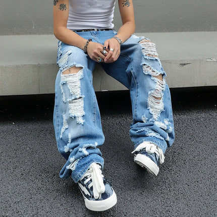 Men's Ripped Baggy Jeans Loose Fit Distressed Denim Pants Light Wash Y2K Streetwear Wide Leg Style PlatiNum
