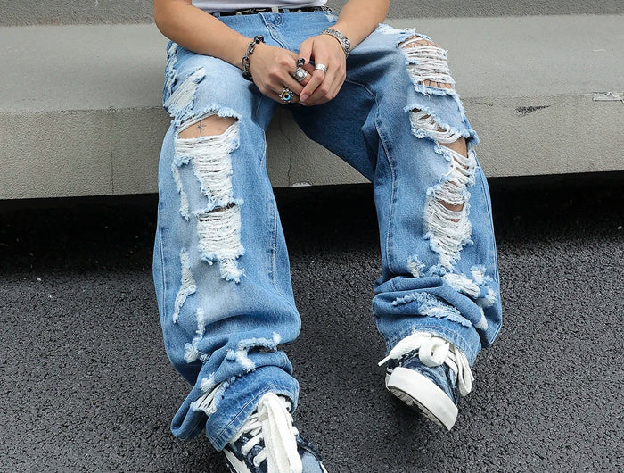 Men's Ripped Baggy Jeans Loose Fit Distressed Denim Pants Light Wash Y2K Streetwear Wide Leg Style PlatiNum