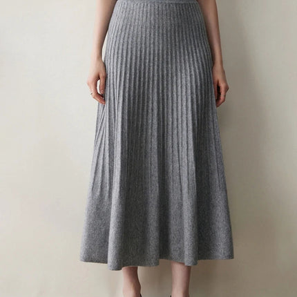 New Arrivals Women Cashmere A-line Skirt Elastic Waist Pleated Skirt 100% Cashmere Knitted Autumn Winter Thin Office Lady Dress PlatiNum
