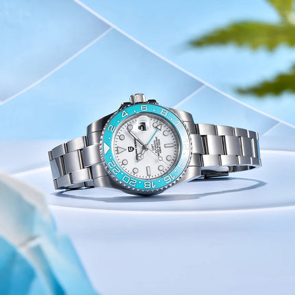 TOP PAGANI DESIGN PD1662 GMT Orologio meccanico automatico da uomo Cinturino in acciaio inossidabile Anello in ceramica blu Quadrante bianco Resistente all'acqua fino a 100 m Orologi da polso sportivi da uomo luminosi per uom