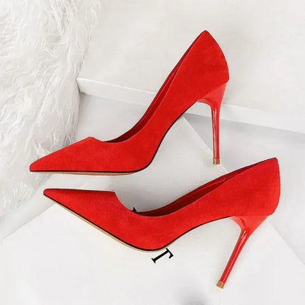 Donne 9 cm Tacchi alti Festa quotidiana Décolleté in pelle scamosciata colorata Scarpins femminili Stiletto Banchetto serale Rosso Giallo Scarpe Plus Size 34-43
