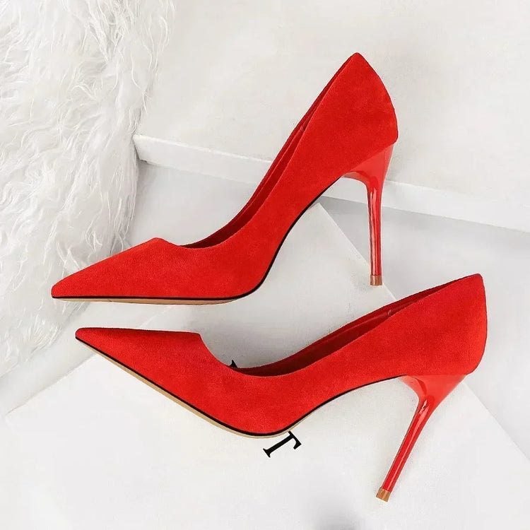 Donne 9 cm Tacchi alti Festa quotidiana Décolleté in pelle scamosciata colorata Scarpins femminili Stiletto Banchetto serale Rosso Giallo Scarpe Plus Size 34-43