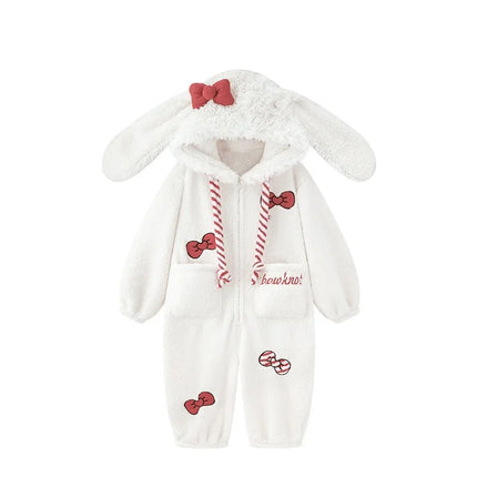 Sweet and Cute Bow Rabbit One-piece Pajamas Women's Winter New Fleece Thickened Coral Fleece Large Size Loungewear Sleepwear