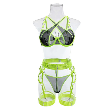 Sexy Neon Green Patchwork Lace Garter Lingerie Set Women Intimates Underwire Bra and Thongs Ladies Underwear Erotic Sets
