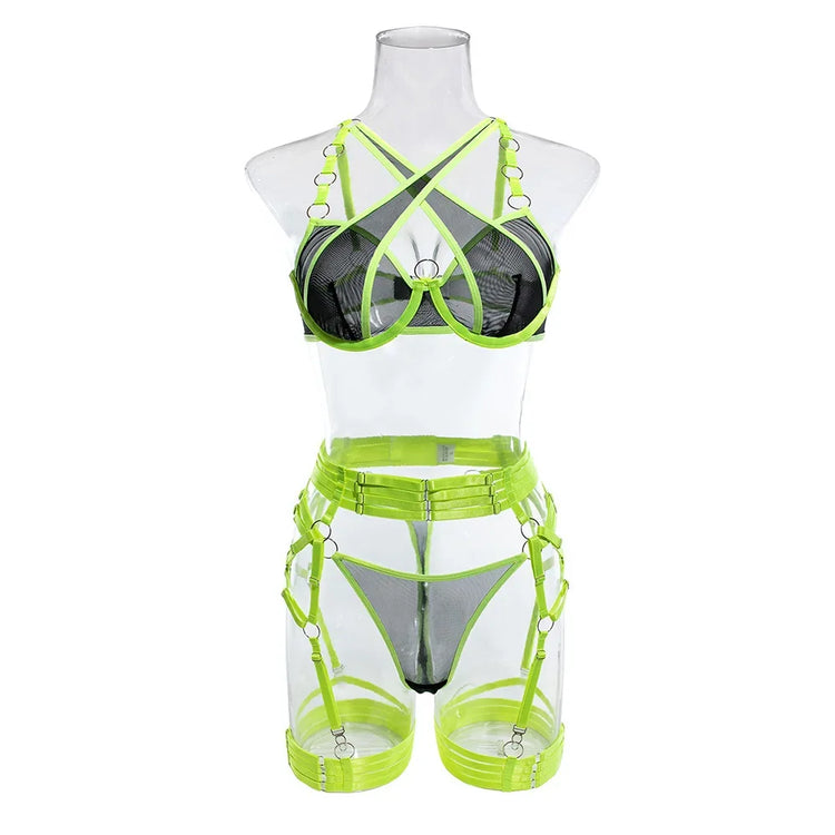 Sexy Neon Green Patchwork Lace Garter Lingerie Set Women Intimates Underwire Bra and Thongs Ladies Underwear Erotic Sets