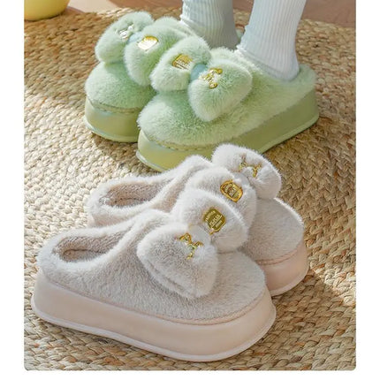 New Pink Bow Slippers Winter Women's Shoes Thick Sole Fuzzy Slippers for Home Mules Shoes Woman Fluffy Metal Bear House Slipper