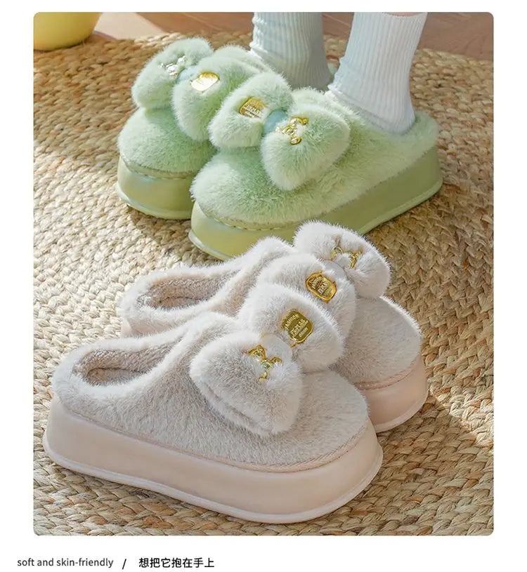 New Pink Bow Slippers Winter Women's Shoes Thick Sole Fuzzy Slippers for Home Mules Shoes Woman Fluffy Metal Bear House Slipper