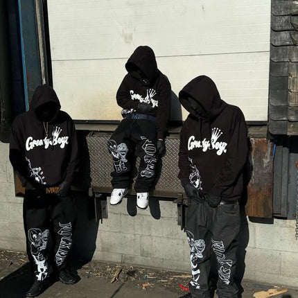 Street Hip Hop Style Money Skull Print Men Hoodie Set Black Bold Print Oversized Fashionable Versatile Hoodie Streetwear Fashion PlatiNum