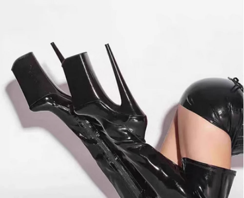 CACA 26cm Extreme High Heels Women Thigh High Boots,Fetish Platform Booties,Buckles Botas,Men Cosplay Shoes,Black,Red,Dropship