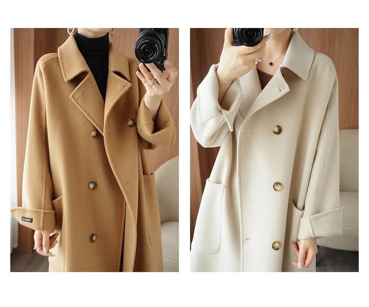 Ladies' 100% Cashmere Thick Double-Sided Extended Coat, Classic, Versatile and Fashionable for Business and Leisure