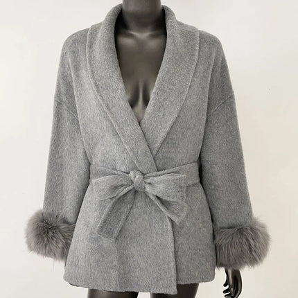 Elegant OL Office Lady Overcoats Fur Patchwork Long Sleeve Woolen Coat Beautiful Women's Clothing Jacket Autumn 2025 Spring