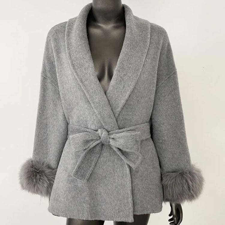 Elegant OL Office Lady Overcoats Fur Patchwork Long Sleeve Woolen Coat Beautiful Women's Clothing Jacket Autumn 2025 Spring