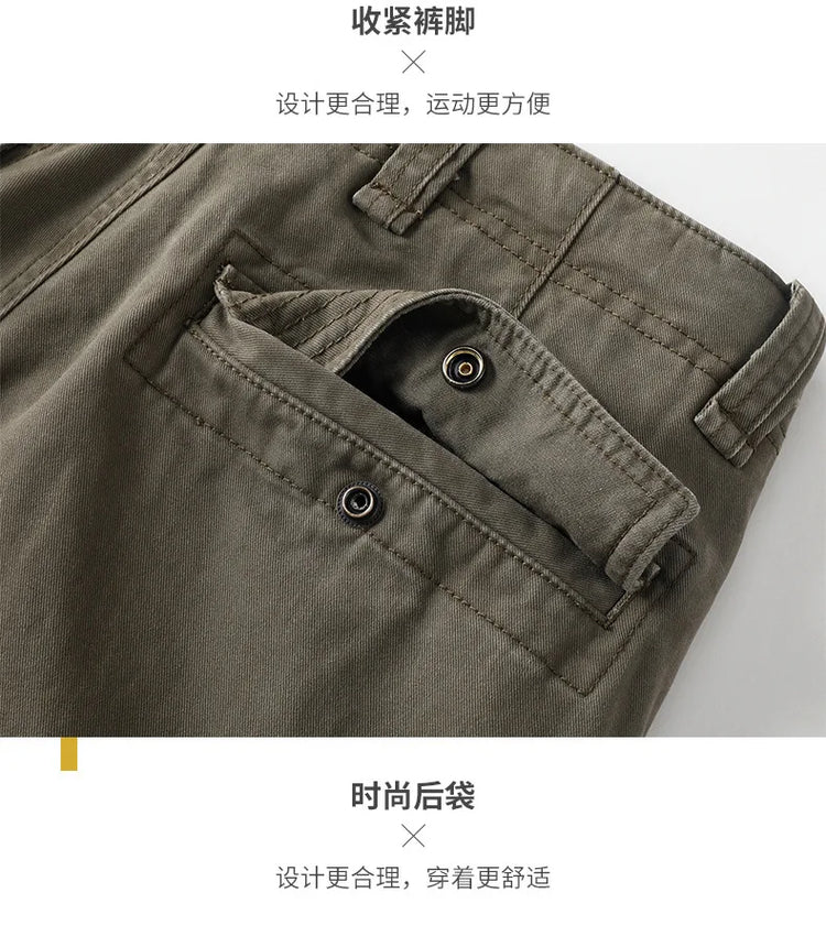 American Style Men's Heavyweight Cotton Cargo Pants Multi-Pocket Casual Loose Straight-Leg Work Trousers Outdoor Jogger Pants