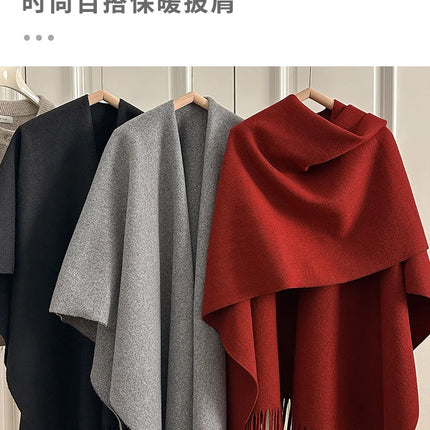Women Split‑Open Woolen Tassel Poncho Shawl Thick Warm Cape Coat Autumn Winter Travel Photography Outer Wrap