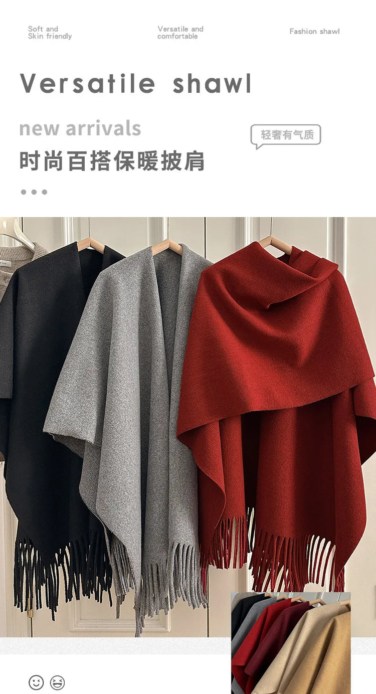 Women Split‑Open Woolen Tassel Poncho Shawl Thick Warm Cape Coat Autumn Winter Travel Photography Outer Wrap