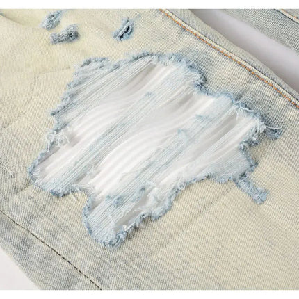 Designer High Street Fashion New Light Blue Men's Jeans Stretch Slimming White Leather Patch Hip Hop Brand Pants HombreY2K PlatiNum