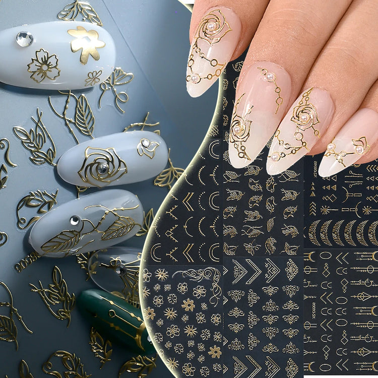 1pcs Gilded Hollow Flower Leaves Nail Art Stickers French Lines Bohemian Tassels 3D Nail Decals Rose Pattern Manicure Decoration