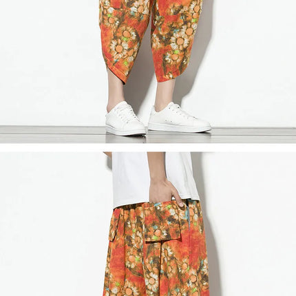 Pantaloncini Estivi Harajuku Larghi Stampati Traspiranti Casual a Lunghezza Polpaccio in Cotone Oversize da Uomo
