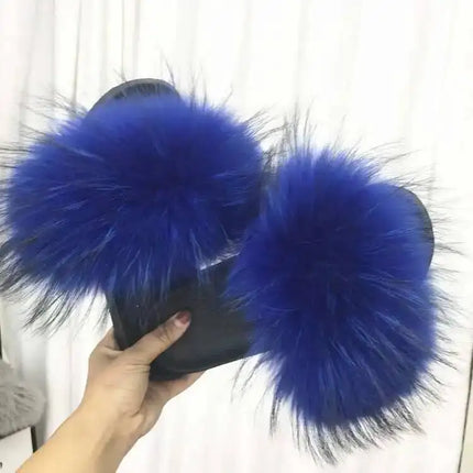 Real Raccoon Fur Slippers for Women 2023 Summer Fluffy Indoor Home Fuzzy Flat Slides Outdoor Fashion Beach Sandals Flip Flops