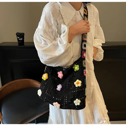 Borsa tote da donna in stile boho con motivo floreale all'uncinetto, borsa a tracolla in maglia intrecciata di grande capacità, borsa da spiaggia estiva per ragazze