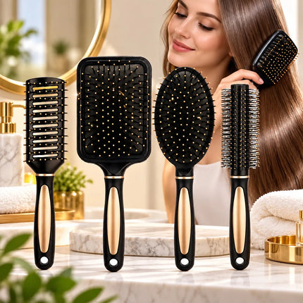 Set of 4 Professional Hair Brushes in Black and Gold, Hairdressing Kit with Paddle, Round, Oval and Ventilated Brushes for Detangling and Styling All Hair Types
