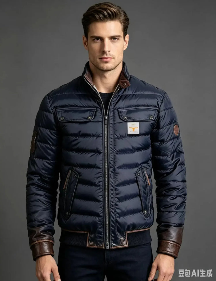 Men Winter Quilted Bomber Jacket Faux Leather Spliced Stand Collar Windproof Warm Coat Male Vintage Cowboy Badge Casual Outerwea