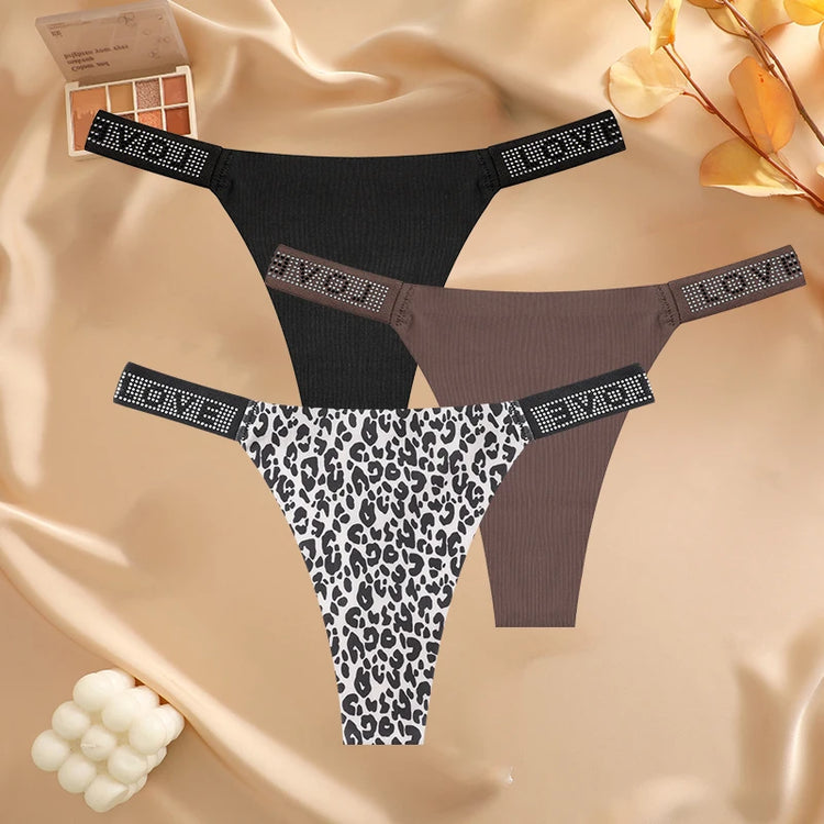 3Pcs/Set Seamless Low Waist Sexy Panties Women Thongs Rhinestones Letter Diamonds G-string Sports Thong Shorts Briefs T-back