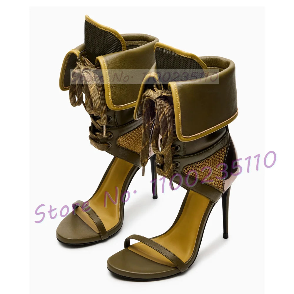 Army Green Patchwork Western Sandals Women Fashion Lace Up Ankle Strap Mesh High Heel Shoes Ladies Party Cut Out Folding Sandals