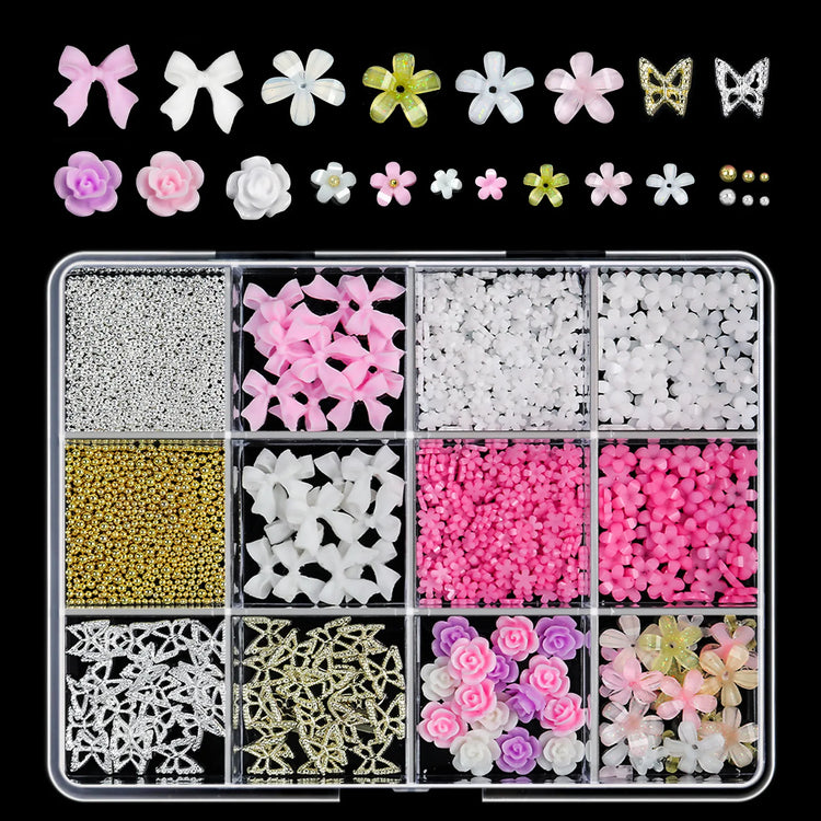1 Box Pink White Series Bow Heart Nail Charms 3D Arcylic Nail Art Decorations Pearl 5-petal Flower Jewelry Manicure Accessories*