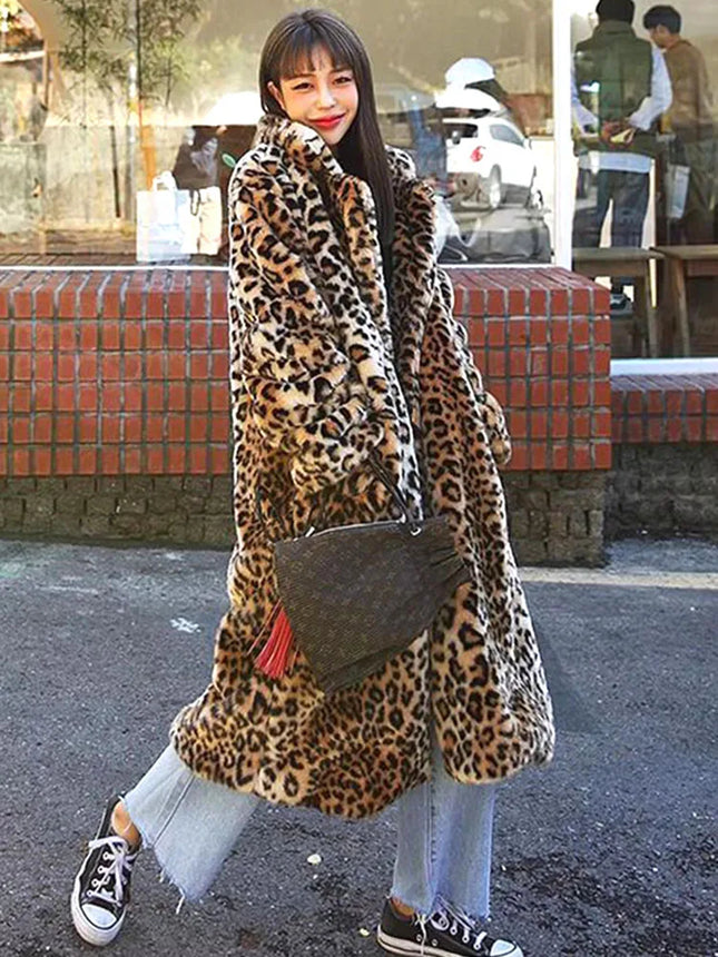 ZADORIN Winter Long Fluffy Leopard Print Jacket Women Lapel Warm Faux Fur Coat Women Korean Fashion Loose Fur Jacket Outerwears
