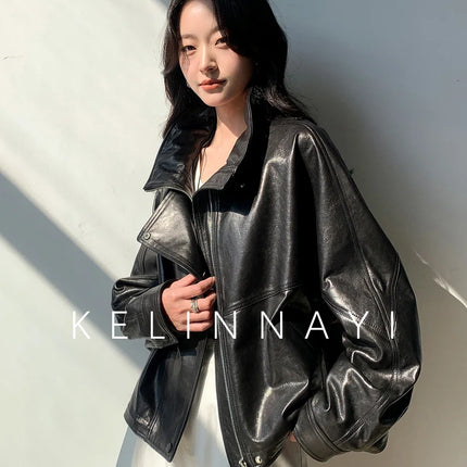 Waxed Sheepskin Genuine Leather Moto Biker Jacket Women Cropped Stand Collar Zip Up Snap Button Loose Casual Autumn Outwear 2026
