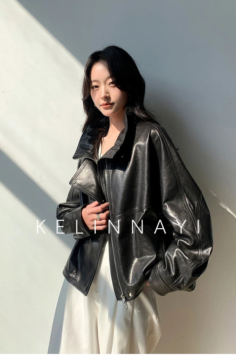 Waxed Sheepskin Genuine Leather Moto Biker Jacket Women Cropped Stand Collar Zip Up Snap Button Loose Casual Autumn Outwear 2026