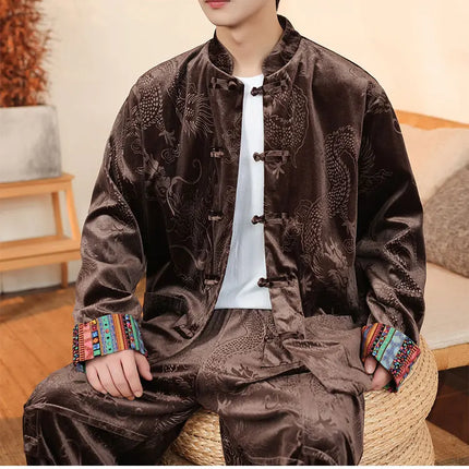 Giacca in velluto da uomo in stile cinese con stampa drago camicie da uomo tradizionale abito Tang Kung Fu Tai Chi camicie casual retrò abbigliamento da uomo